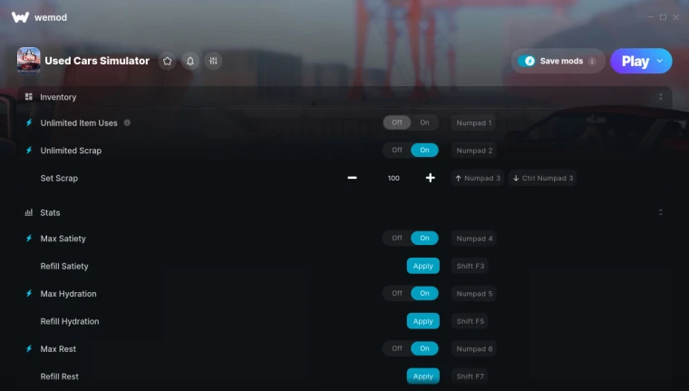 Used Cars Simulator "Трейнер +28 от WeMod: Предметы, металлолома, топливо и пр"