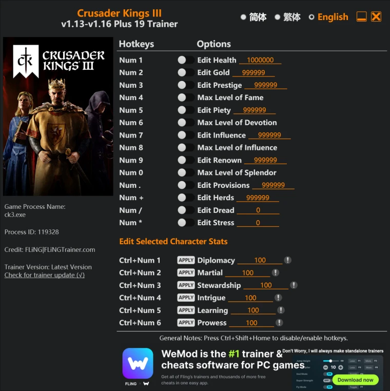 Crusader Kings 3 "Трейнер +19" [1.0 - 1.16] {FLiNG}