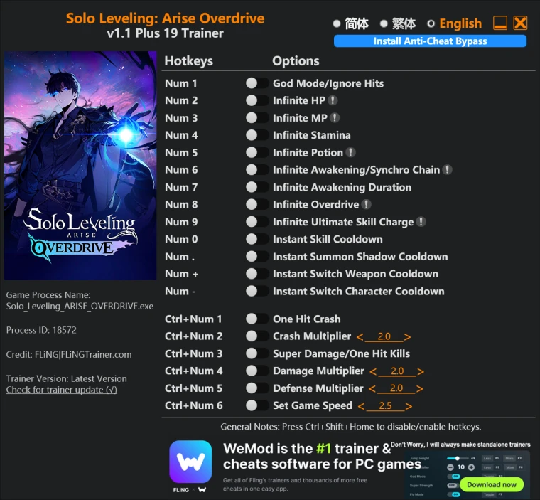 Solo Leveling: Arise Overdrive "Трейнер +19 от FLiNG: Здоровье, мана, выносливость и пр" [1.1]