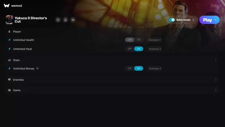 Yakuza 0 Director's Cut "Трейнер +12 от WeMod: Здоровье, жар, деньги и пр"