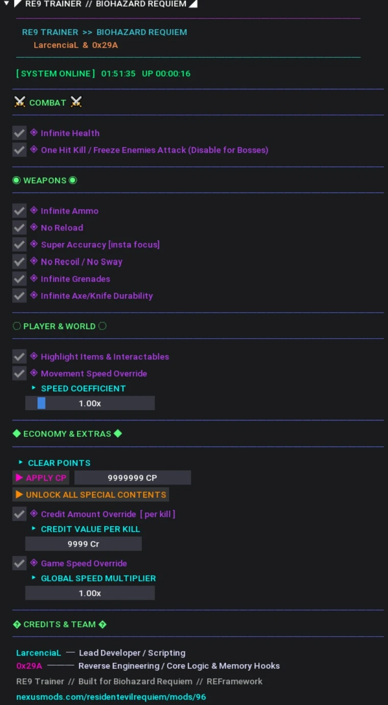 Resident Evil Requiem "ULTIMATE TRAINER от LarcenciaL - 0x29A: Редактор игрока, оружия, ресурсов и мира"